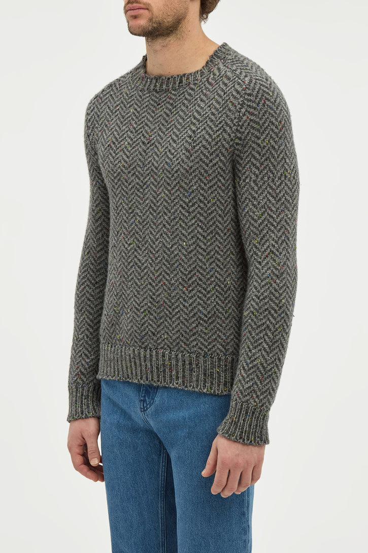 Sermo Knit Crewneck Sweater in Charcoal Multi Specked Aran Cashmere Herringbone
