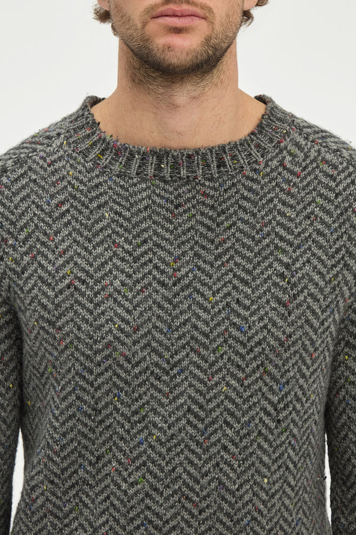 Sermo Knit Crewneck Sweater in Charcoal Multi Specked Aran Cashmere Herringbone