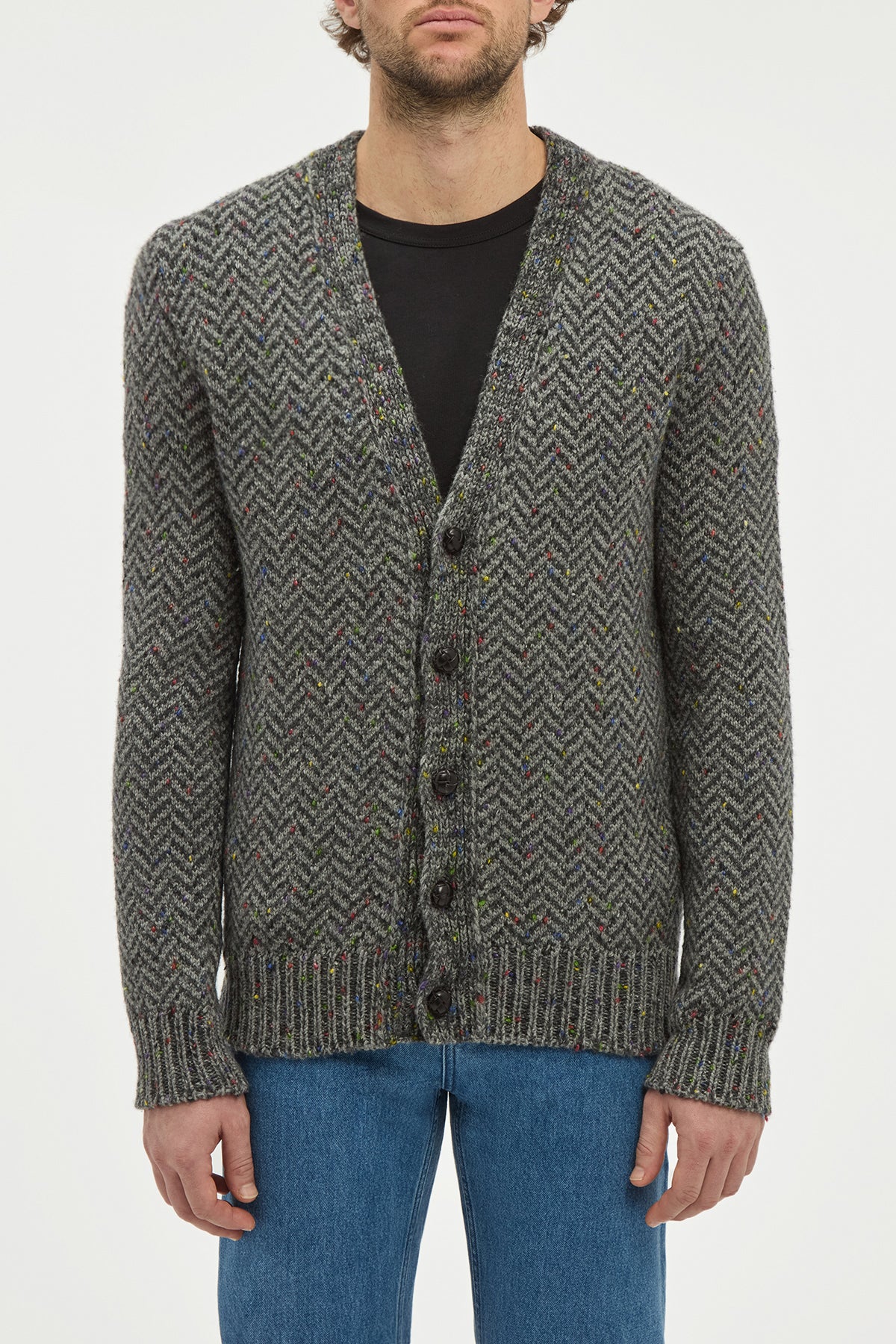 Gentry Knit Cardigan in Charcoal Multi Specked Aran Cashmere Herringbone