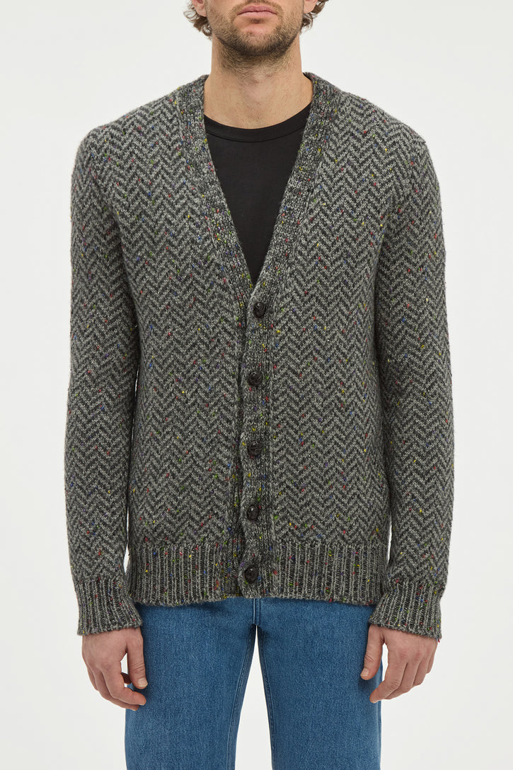 Gentry Knit Cardigan in Charcoal Multi Specked Aran Cashmere Herringbone