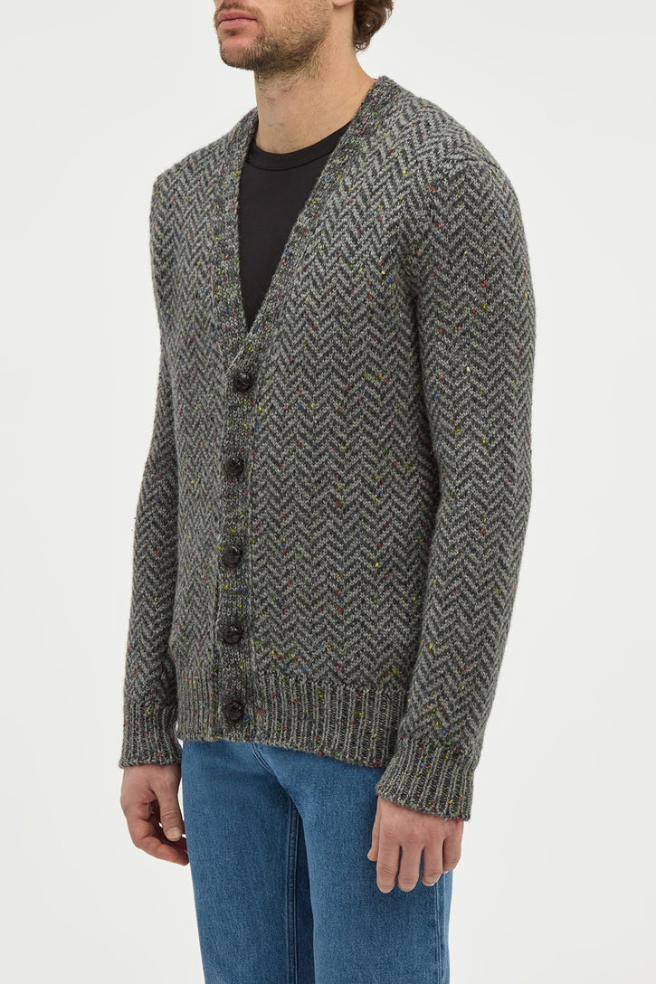Gentry Knit Cardigan in Charcoal Multi Specked Aran Cashmere Herringbone