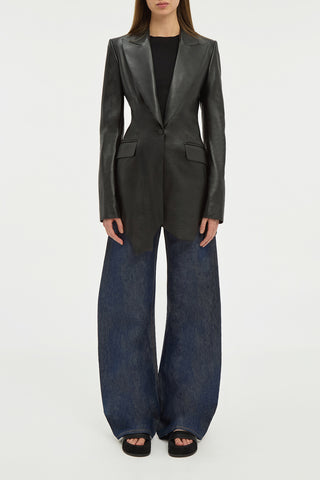 Black Leather Sybel Blazer - Full Length On Model Front View, Structured Tailoring | Gabriela Hearst
