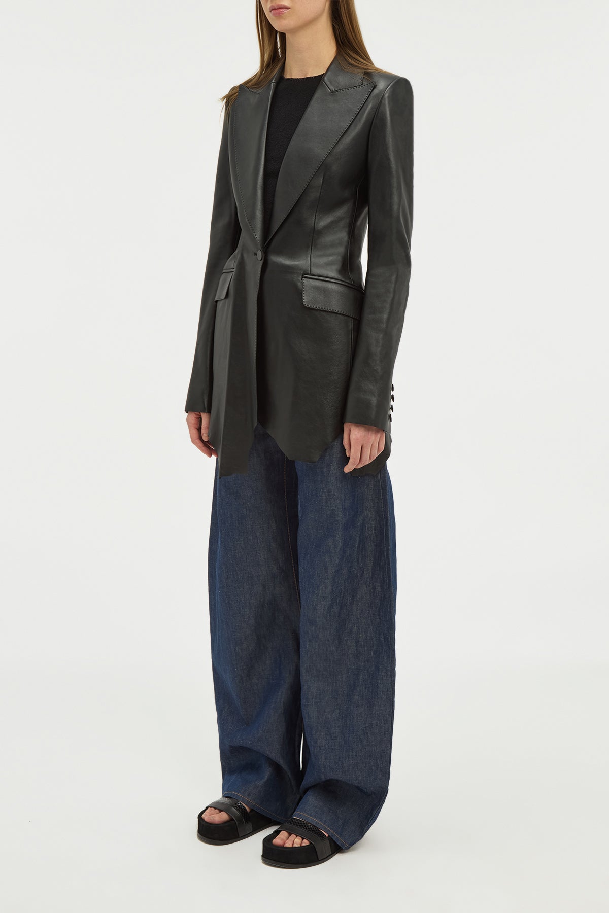 Sybel Raw Cut Blazer in Black Soft Leather