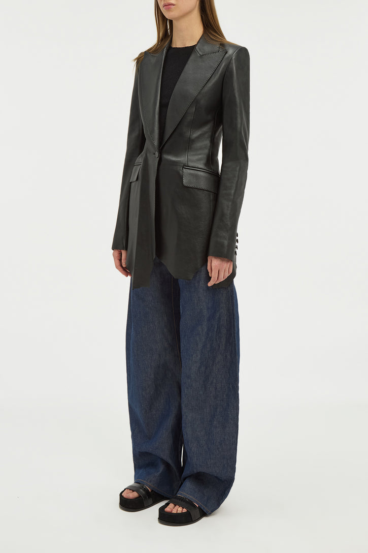 Sybel Raw Cut Blazer in Black Soft Leather