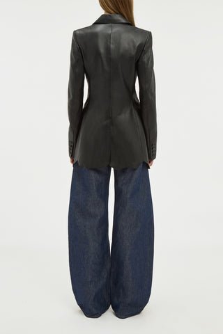 Black Leather Sybel Blazer - Back View On Model, Sculptural Raw-Cut Hem Detail | Gabriela Hearst