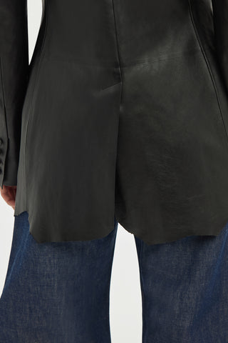 Black Leather Sybel Blazer - Back Hem Raw Cut Detail Close Up, Soft Lamb Leather | Gabriela Hearst