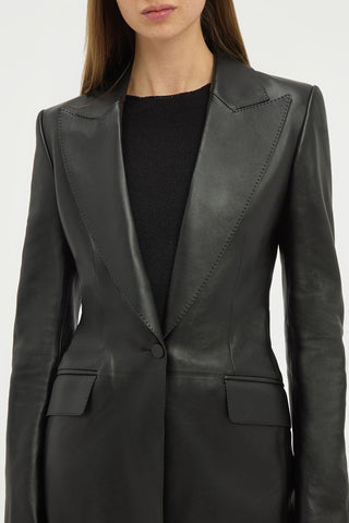 Black Lamb Leather Sybel Blazer - Peak Lapel & Single Button Close-Up, Artisanal Stitching | Gabriela Hearst