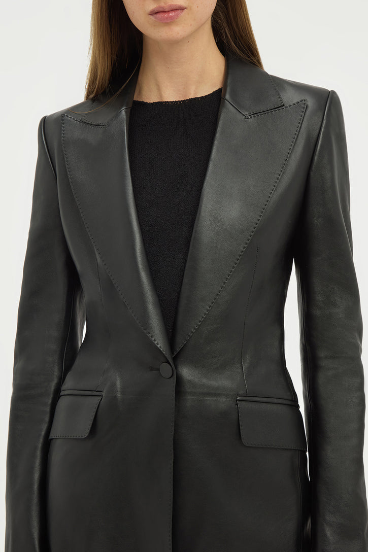 Sybel Raw Cut Blazer in Black Soft Leather