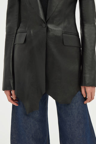 Black Leather Sybel Blazer - Flap Pocket & Undulating Raw-Cut Hem Detail | Gabriela Hearst