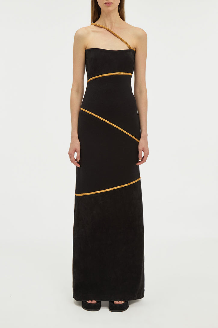 Tibor Rope Strapless Maxi Dress in Black Suede & Merino Wool