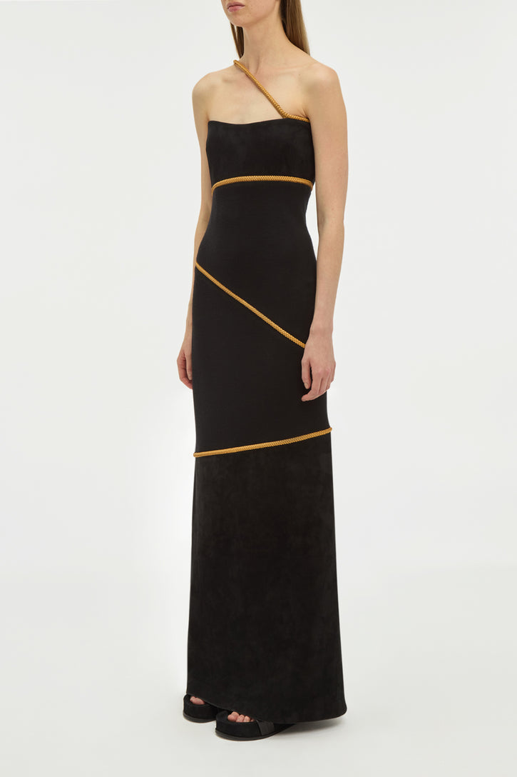 Tibor Rope Strapless Maxi Dress in Black Suede & Merino Wool