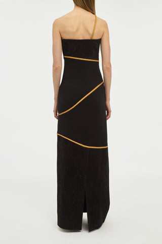 Black Suede Column Dress with Gold Rope Trim - Back View | Gabriela Hearst