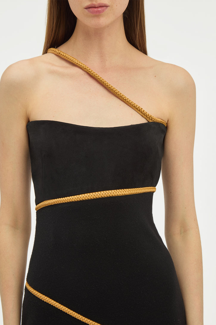Tibor Rope Strapless Maxi Dress in Black Suede & Merino Wool