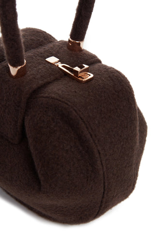 Rose Gold Turnlock Closure Close-Up, Chocolate Cashmere Felt Nina Bag | Gabriela Hearst