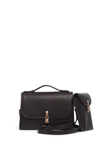 Black Leather Medium Leonora Flap Bag - Side Profile with Cross-Body Strap | Gabriela Hearst