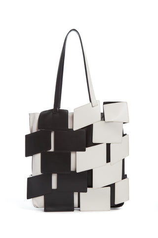 Laquered Patchwork Tote Bag in Black & Ivory Leather