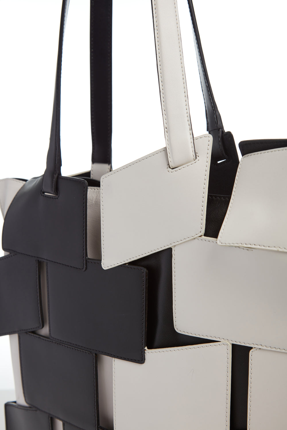 Laquered Patchwork Tote Bag in Black & Ivory Leather