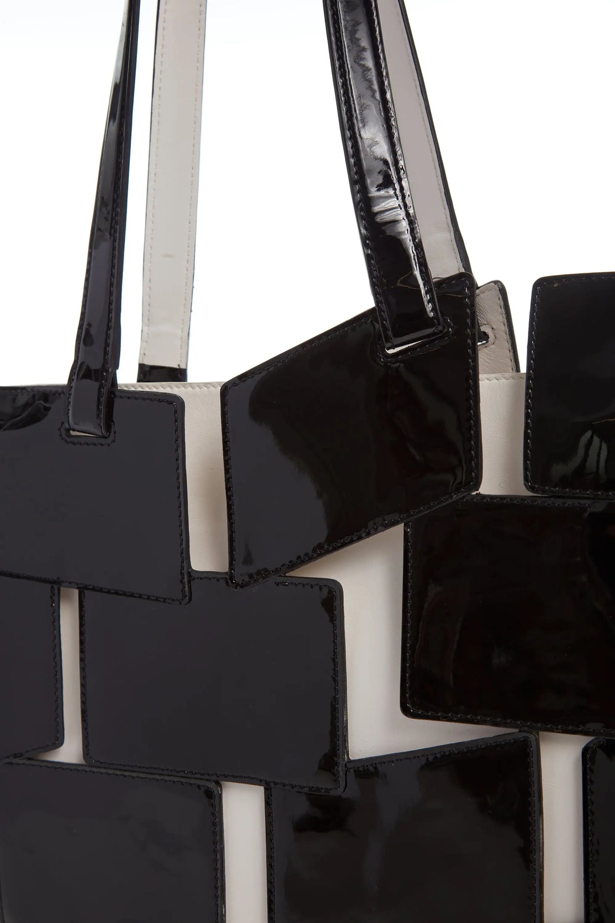 Lacquered Tote Bag in Black & Ivory Patchwork Leather