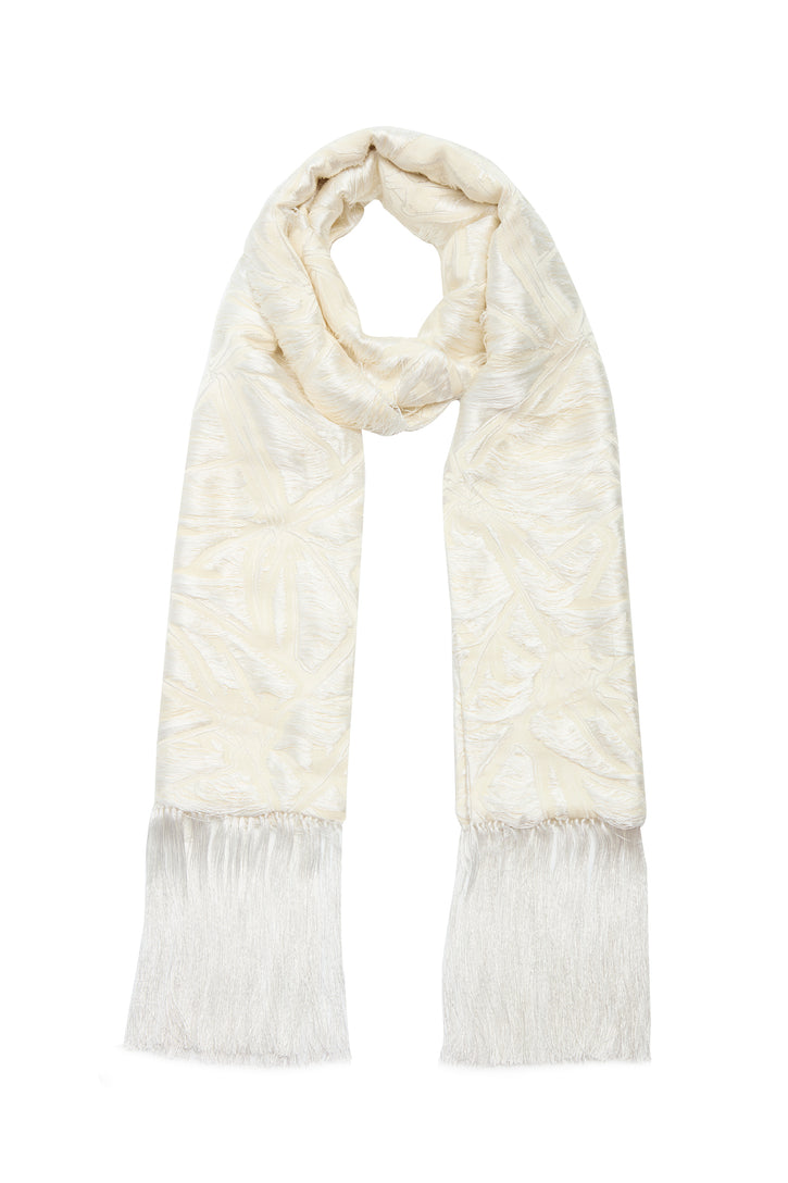 Blaine Fringe Scarf in Ivory Silk Virgin Wool Jacquard