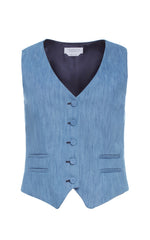 Coleridge Vest in Medium Blue Recycled Cotton Linen Denim