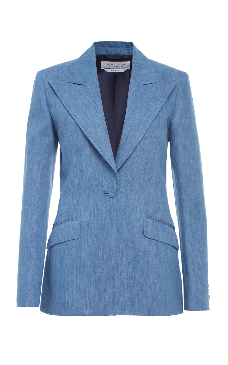 Medium Blue Cotton Linen Denim Leiva Blazer - Front Flat Lay | Gabriela Hearst