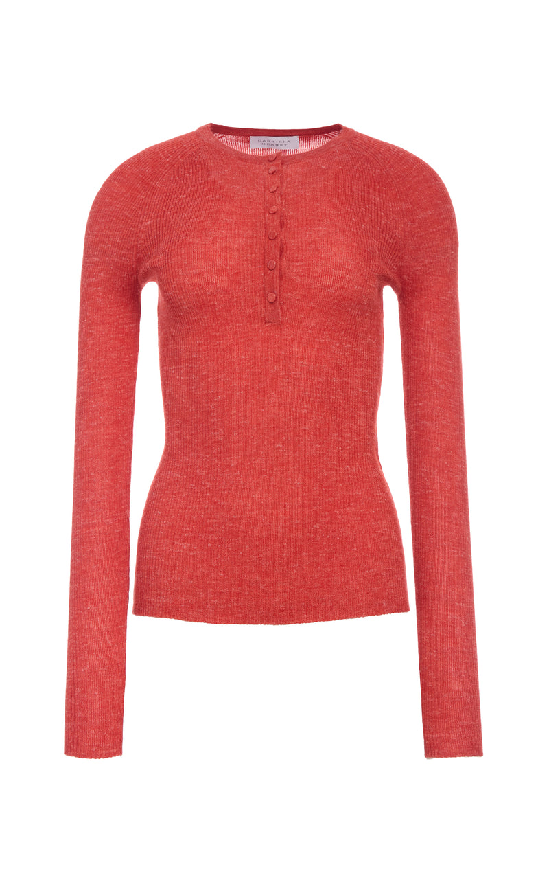 Antelope Orange Cashmere Silk Henley - Front View | Gabriela Hearst