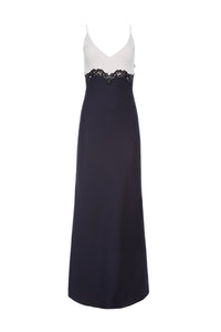 Amaryllis Lace Maxi Dress in Dark Navy Silk Wool Cady