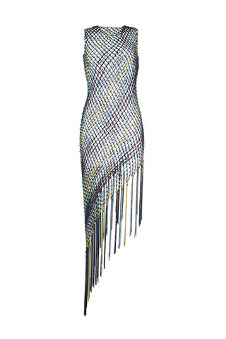Nabia L Fringe Macrame Maxi Dress in Black Multi Silk