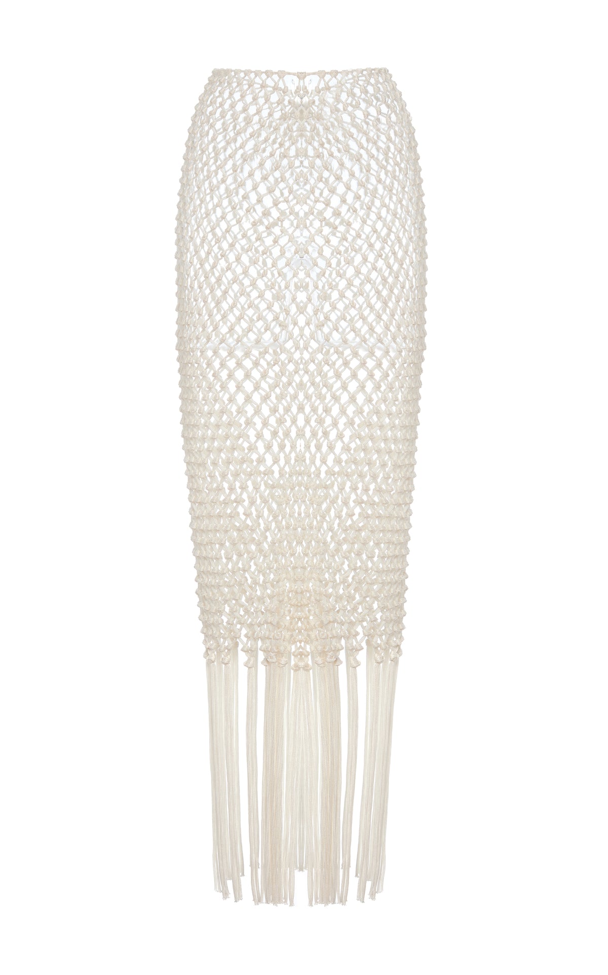 Zana Fringe Macrame Maxi Skirt in Ivory Silk