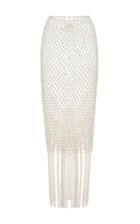 Zana Fringe Macrame Maxi Skirt in Ivory Silk
