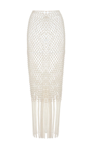 Zana Fringe Macrame Maxi Skirt in Ivory Silk