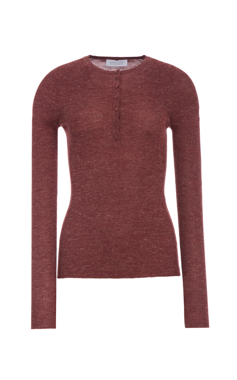 Burnt Sienna Cashmere Silk Hemp Anges Knit Henley - Front View | Gabriela Hearst