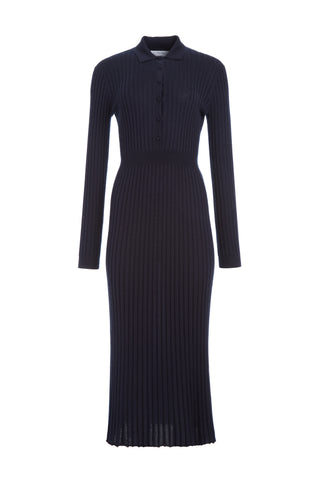 Navy Cashmere Silk Ribbed Knit Maxi Dress - Collared Button Front, Long Sleeve | Gabriela Hearst