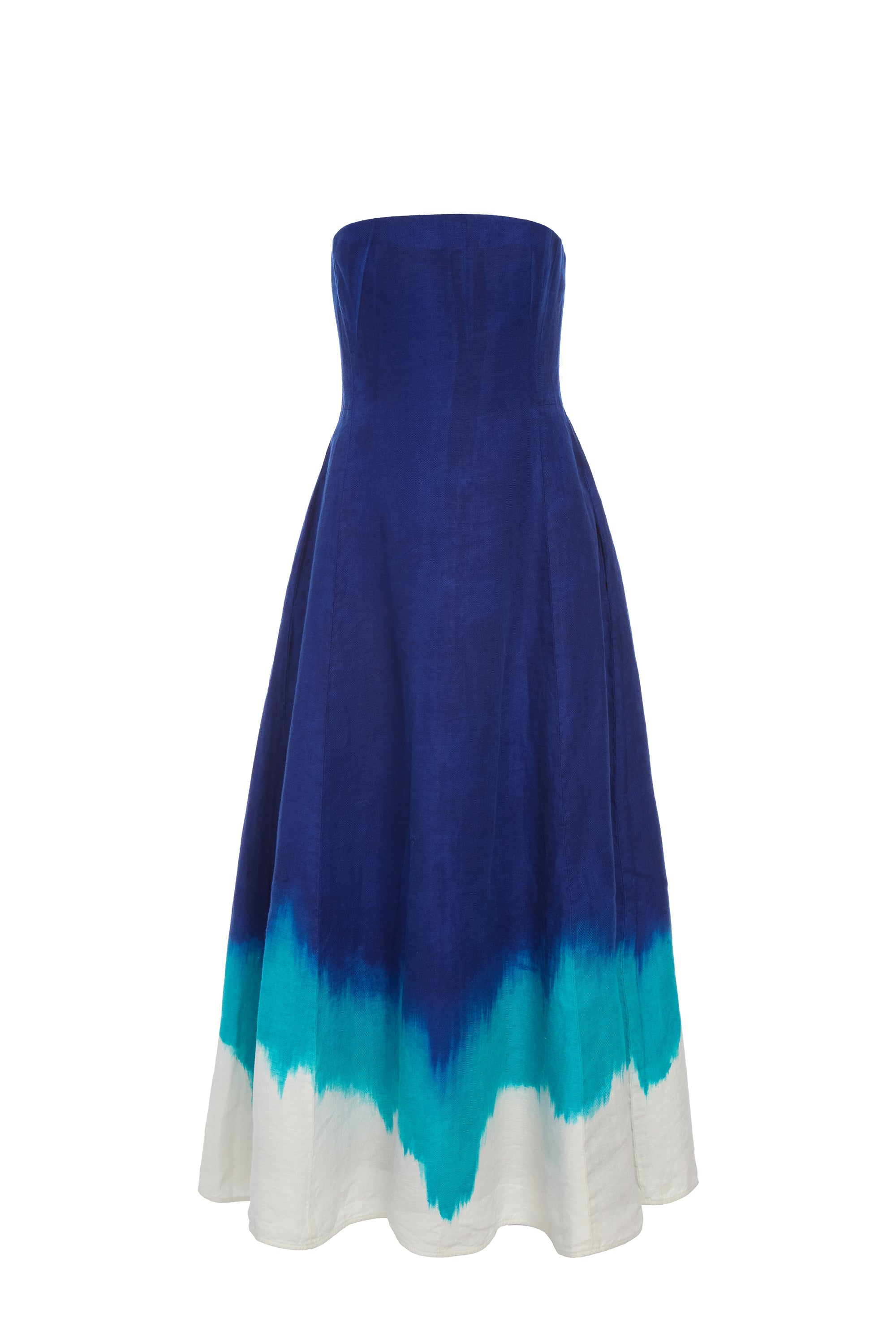 Alessia Strapless Maxi Dress in Cobalt Multi Linen Twill