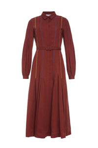 Aleka Pleated Midi Shirtdress in Burnt Sienna Multi Aloe Linen
