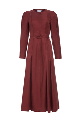 Niles Pleated Maxi Shirtdress in Burnt Sienna Linen Silk Twill