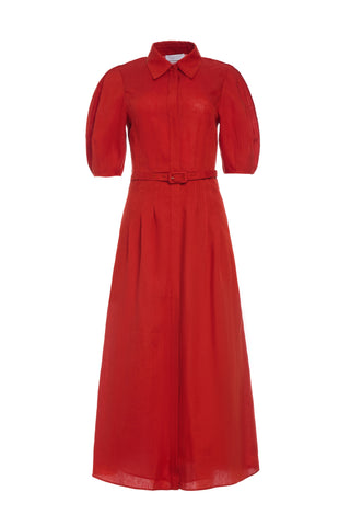 Maude Pleated Midi Shirtdress in Antelope Orange Aloe Linen