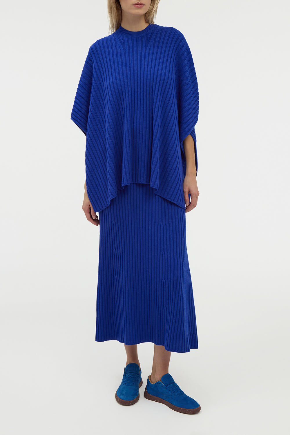 Baron Knit Cropped Poncho in Cobalt Merino Wool Cashmere