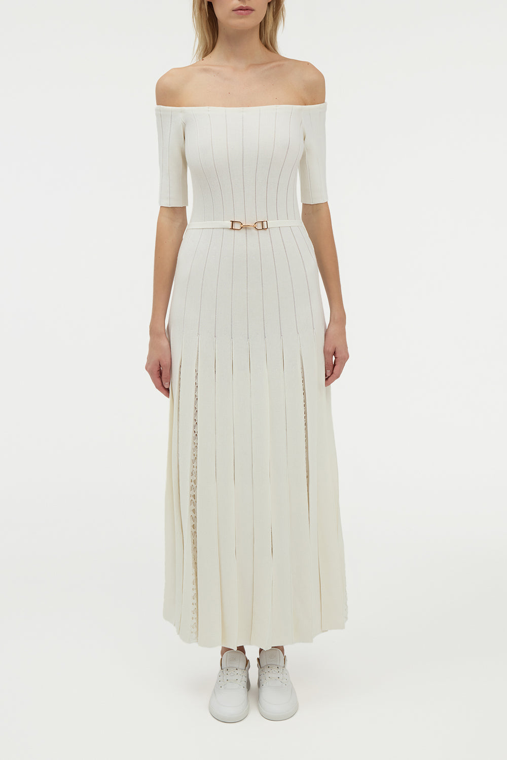 Kurt Knit Pleated Maxi Dress in Ivory Merino Wool