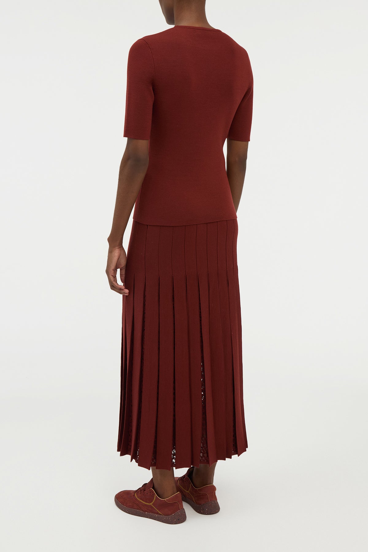 Debutante Knit Pleated Maxi Skirt in Burnt Sienna Merino Wool