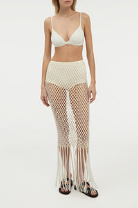 Zana Fringe Macrame Maxi Skirt in Ivory Silk