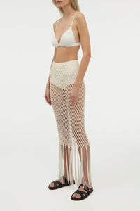 Zana Fringe Macrame Maxi Skirt in Ivory Silk