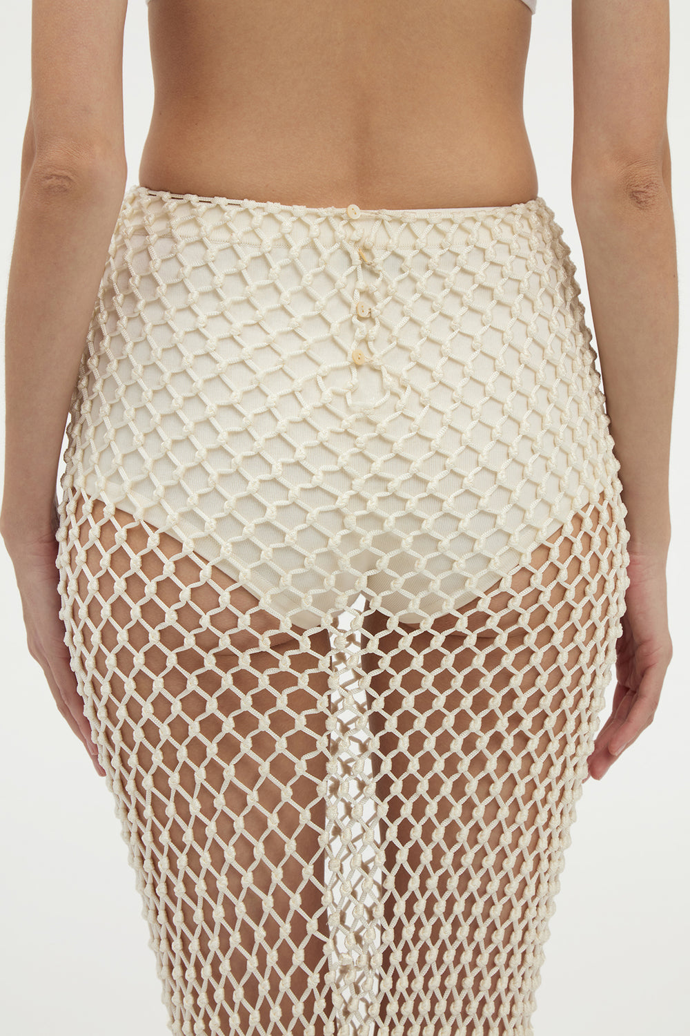 Zana Fringe Macrame Maxi Skirt in Ivory Silk