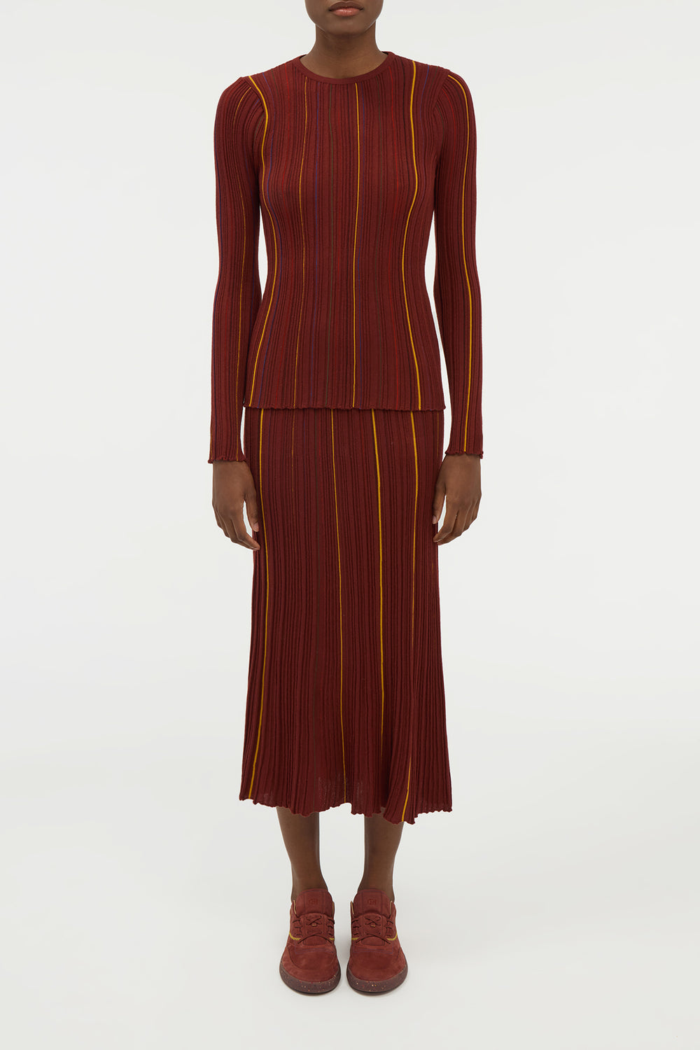 Augie Pinstripe Knit Sweater in Burnt Sienna Merino Wool
