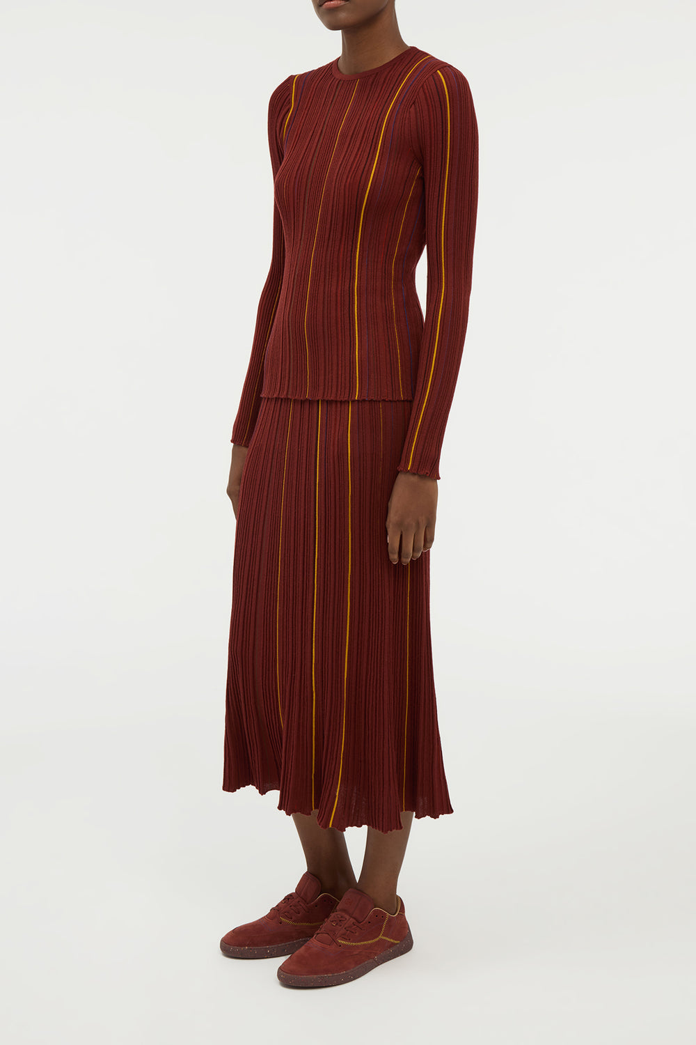 Celeano Pinstripe Knit Midi Skirt Burnt Sienna Merino Wool
