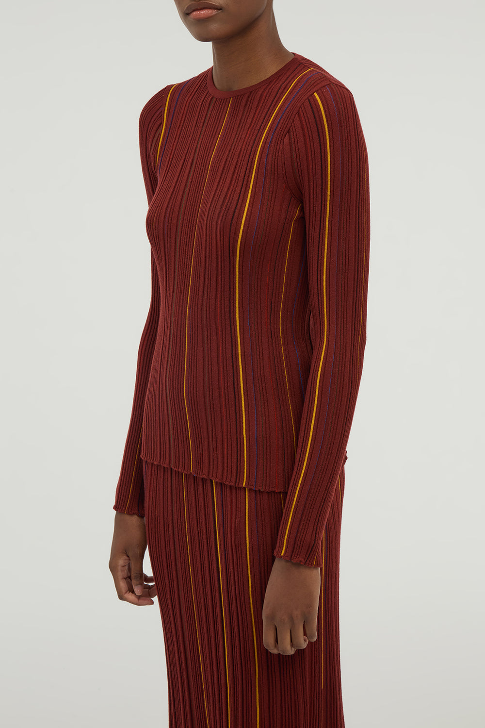 Augie Pinstripe Knit Sweater in Burnt Sienna Merino Wool