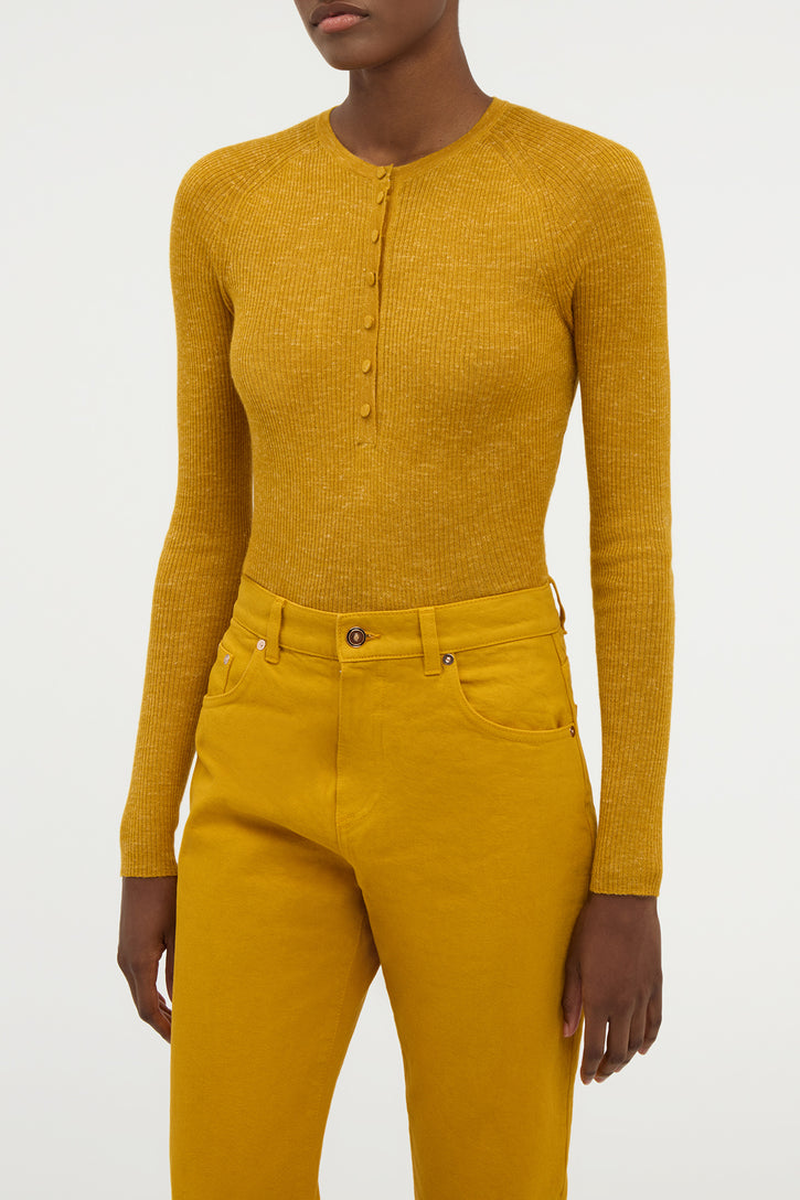 Anges Knit Henley in Golden Birch Cashmere Silk with Hemp