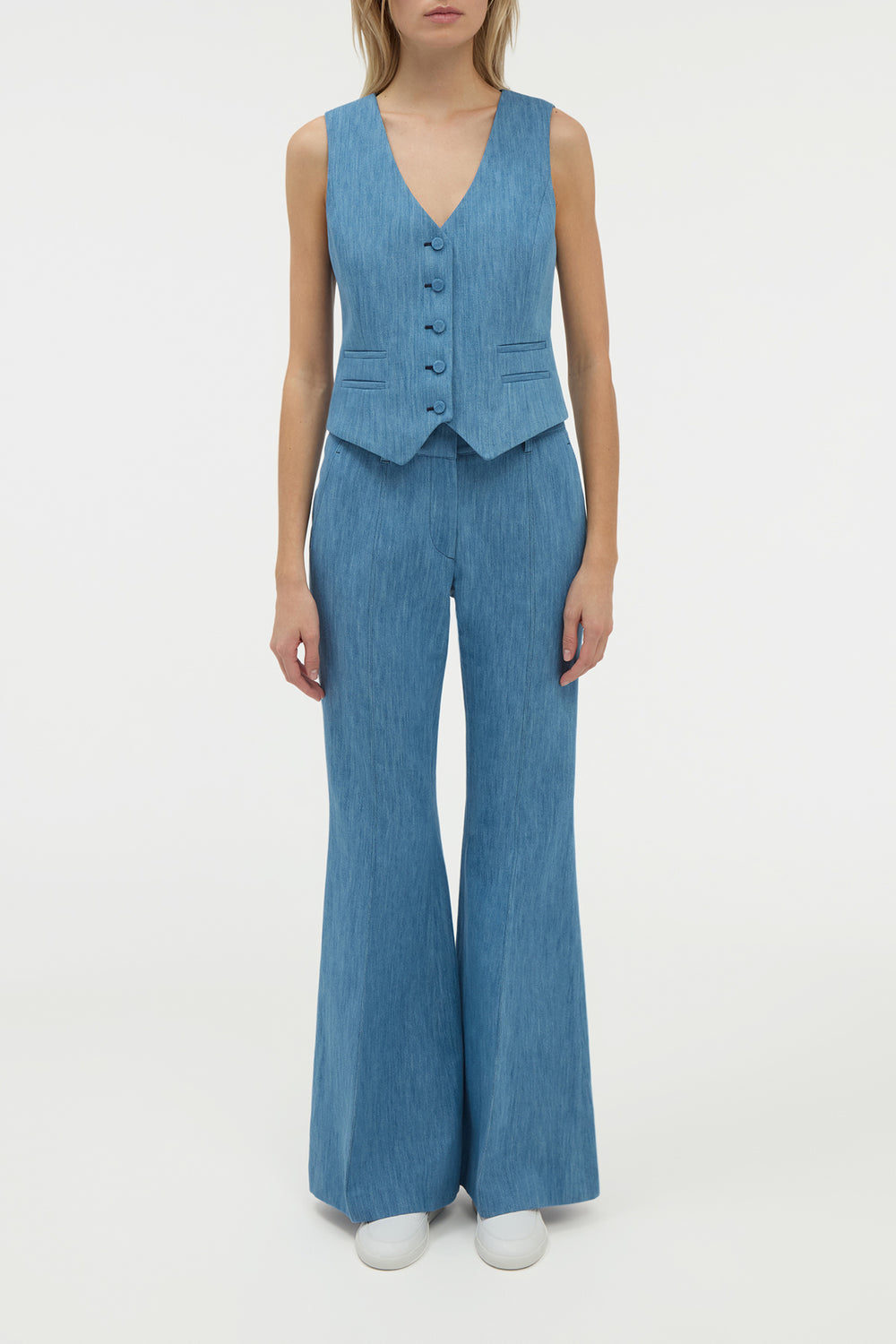 Rhein Flare Pant in Medium Blue Recycled Cotton Linen Denim