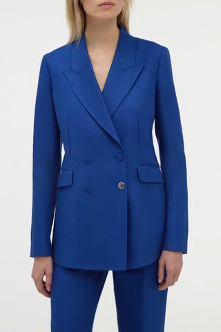 Cobalt Linen Angela Double Breasted Blazer - On Model Detail | Gabriela Hearst