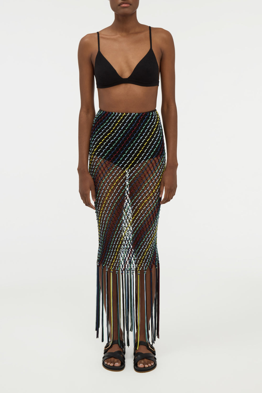 Zana Fringe Macrame Maxi Skirt in Black Multi Silk